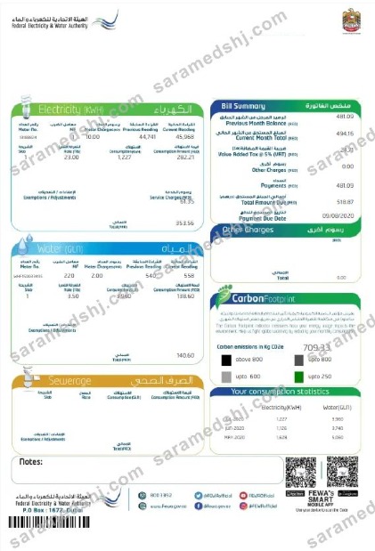 UAE DUBAI FEDERAL ELECTRICITY & WATER AUTHORITY utility bill Word and PDF template